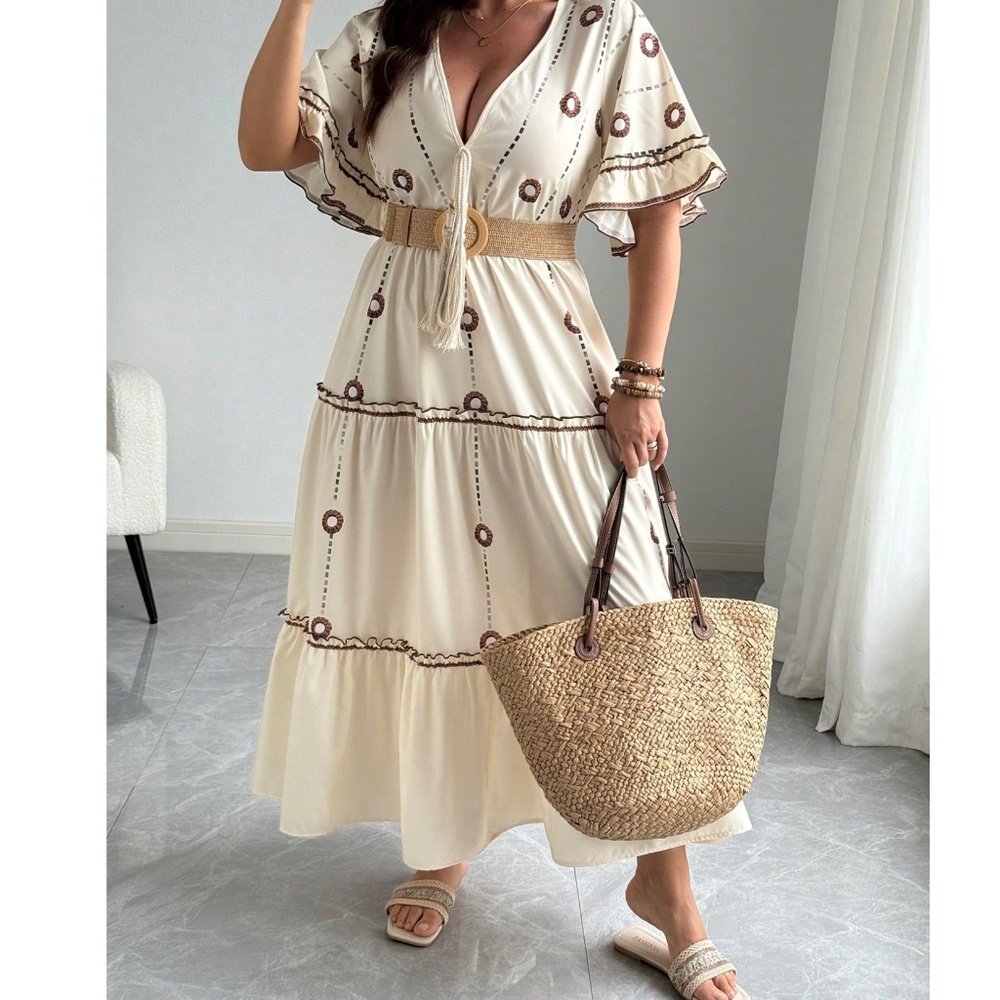 Plus Print Color Block Ruffle Short Sleeve Maxi Dress - Picture 2 of 4